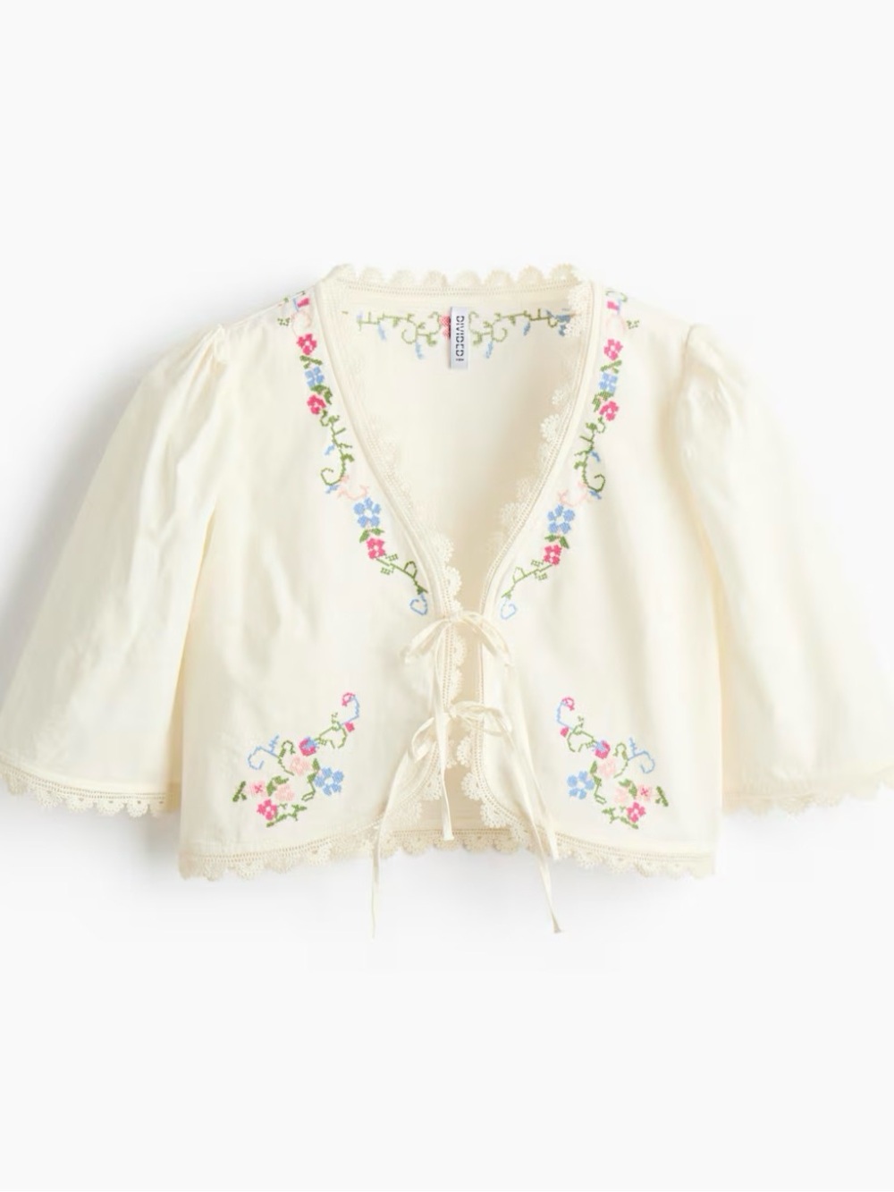 Cream Embroidered Cropped Tie-Front Top